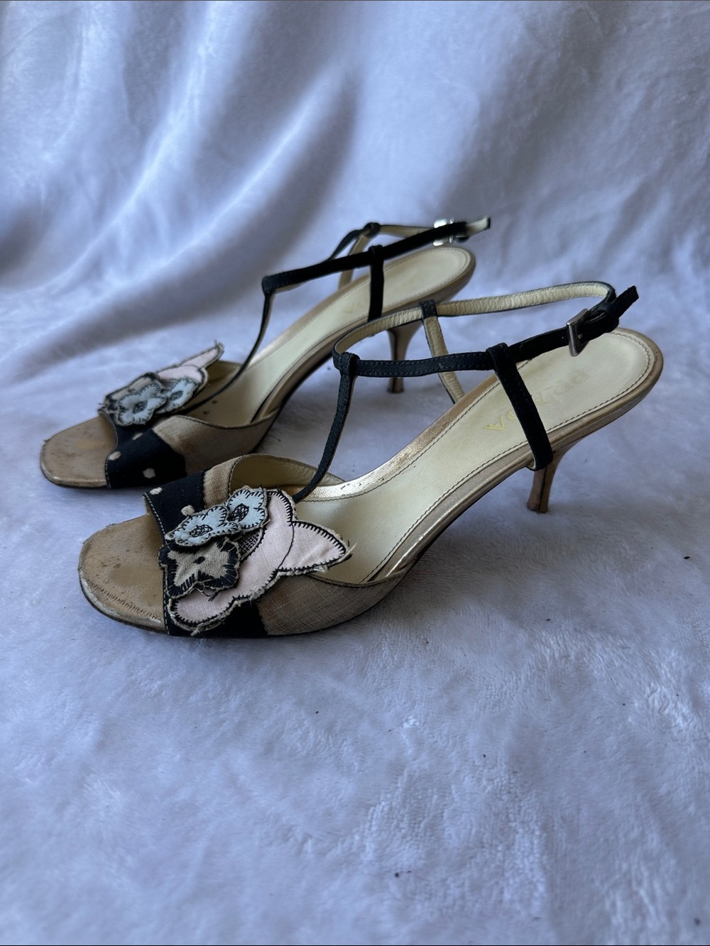 Prada Black and Beige Floral T-Strap Kitten Heel Sandals